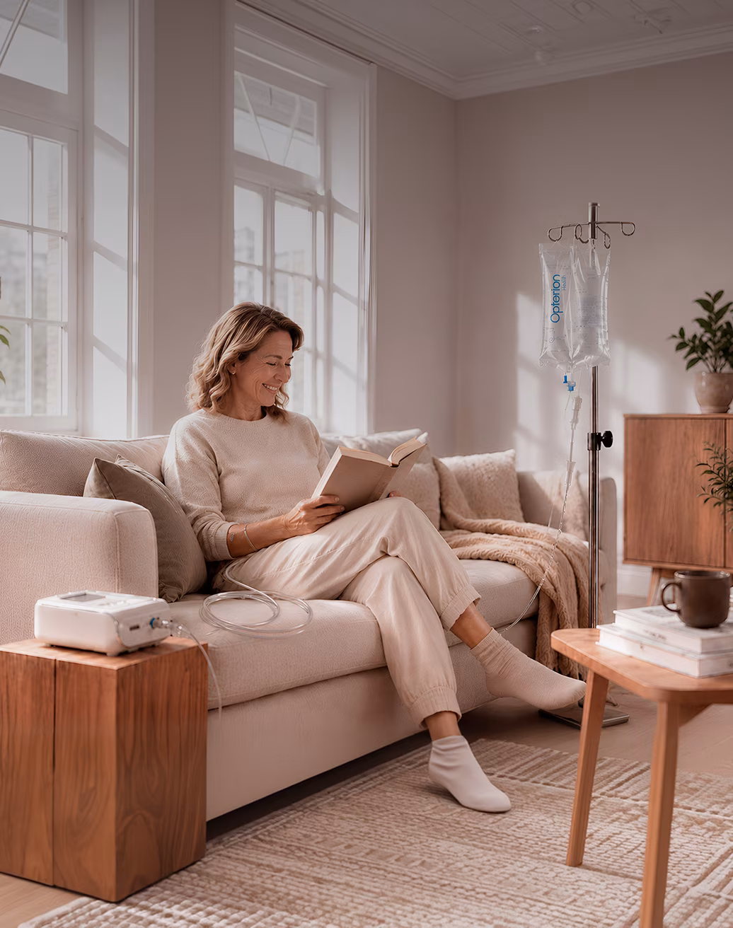 Woman receiving peritoneal dialysis at home while reading on her sofa